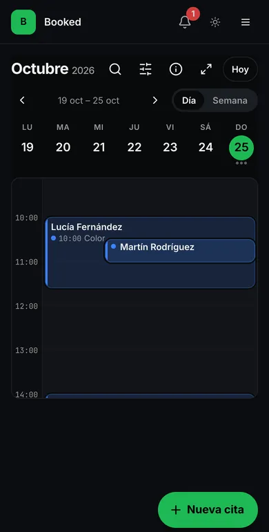 La agenda del día en Booked, con dos clientes a la vez y el botón «Nueva cita».