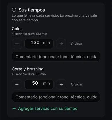 Ficha de una clienta en Booked: «Sus tiempos», con el tiempo real de cada servicio.