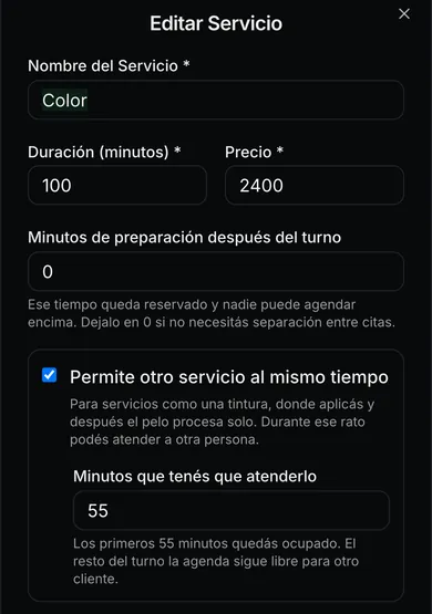 Editar servicio en Booked: «Permite otro servicio al mismo tiempo» y los minutos que tenés que atenderlo.